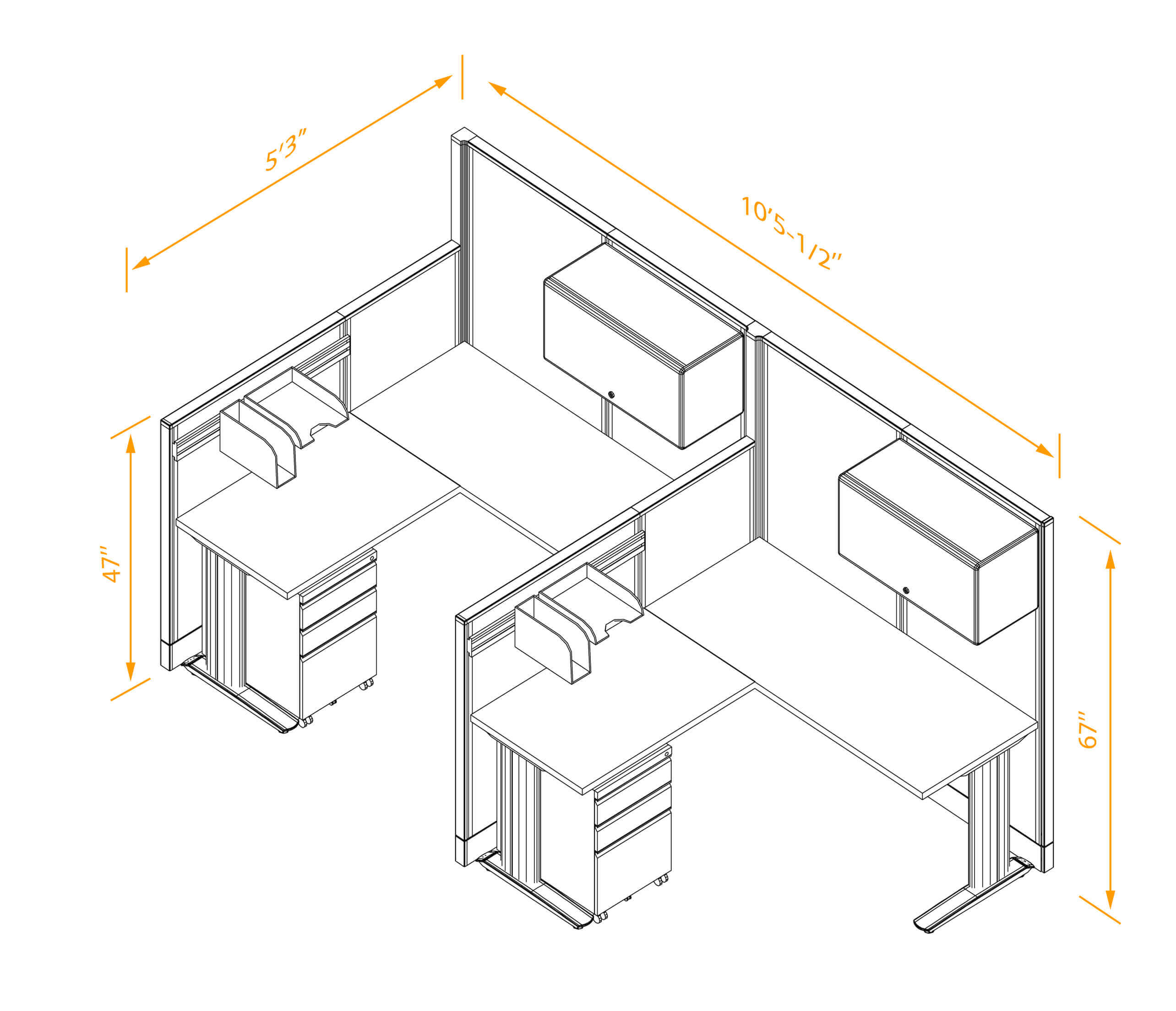 L shaped workstation 2pack inline non powered with storage dimensions