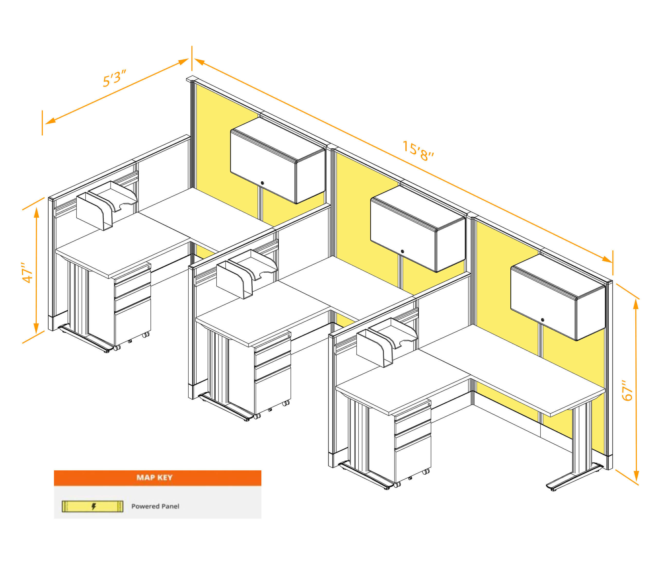 L shaped workstation 3pack inline powered with storage dimensions