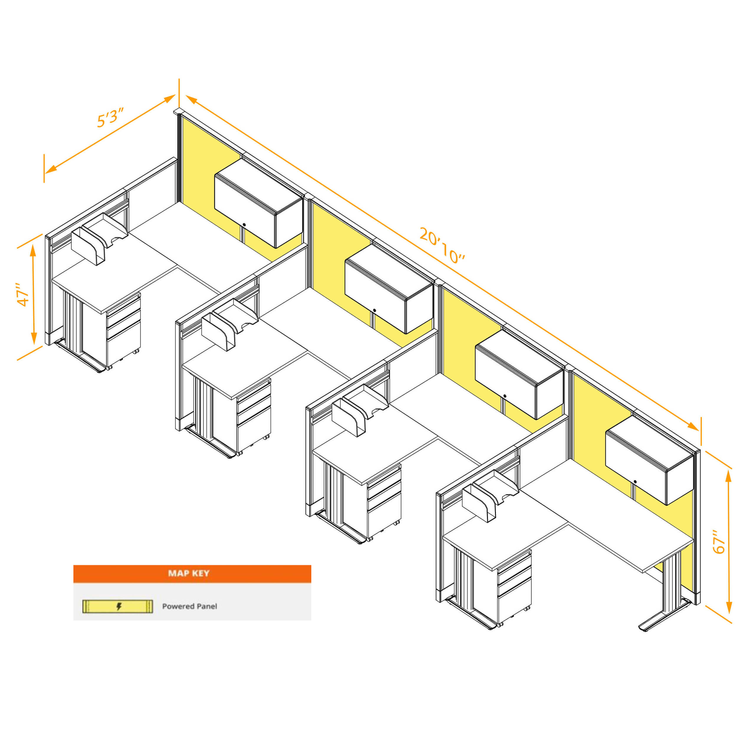 L shaped workstation 4pack inline powered with storage dimensions