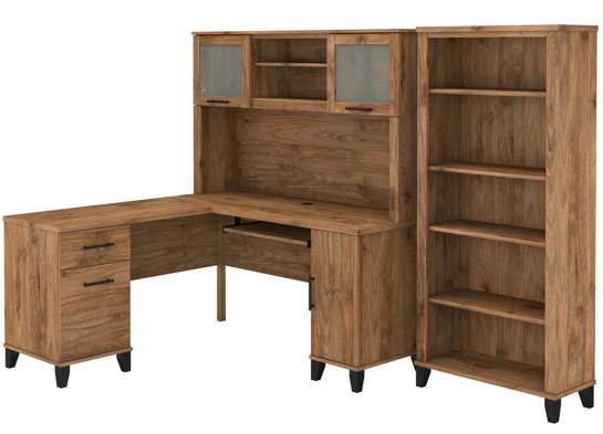 L shaped computer desk with 5 shelf bookcase 60 W highlight fresh walnut