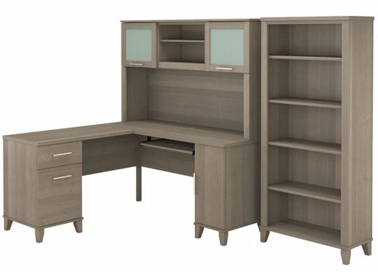 L shaped computer desk with 5 shelf bookcase 60W highlight ash gray