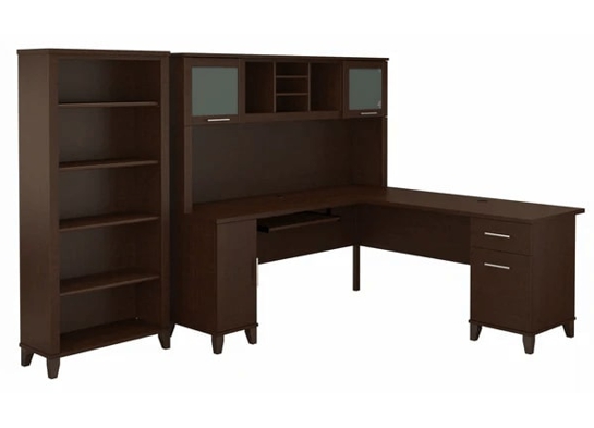 L shaped computer desk with 5 shelf bookcase 72 w highlight view mocha cherry