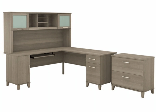 L shaped computer desk with traditional file cabinet 72 w highlight ash gray