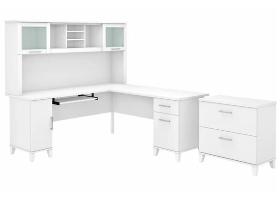 L shaped computer desk with traditional file cabinet 72 w highlight white 1