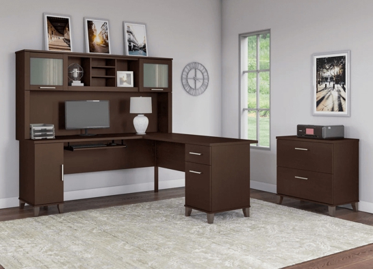 L shaped computer desk with traditional file cabinet 72 w space view mocha cherry 1