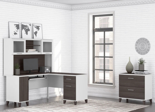 L shaped computer desk with traditional file cabinet 72 w space view storm gray white 1