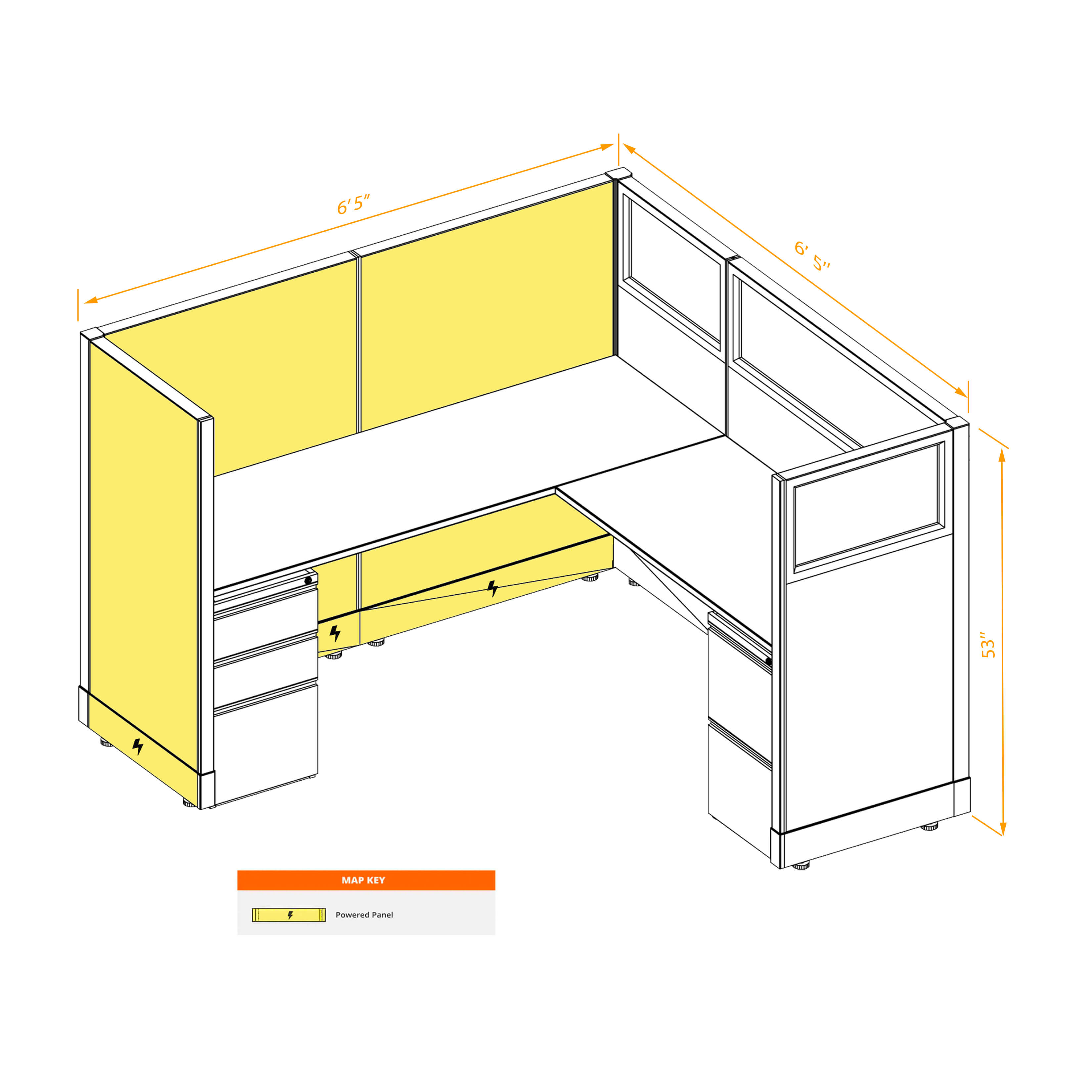 Modular furniture 53h with partial glass panels powered CUB 1 53 P 66 PGL ESP WH PSO2