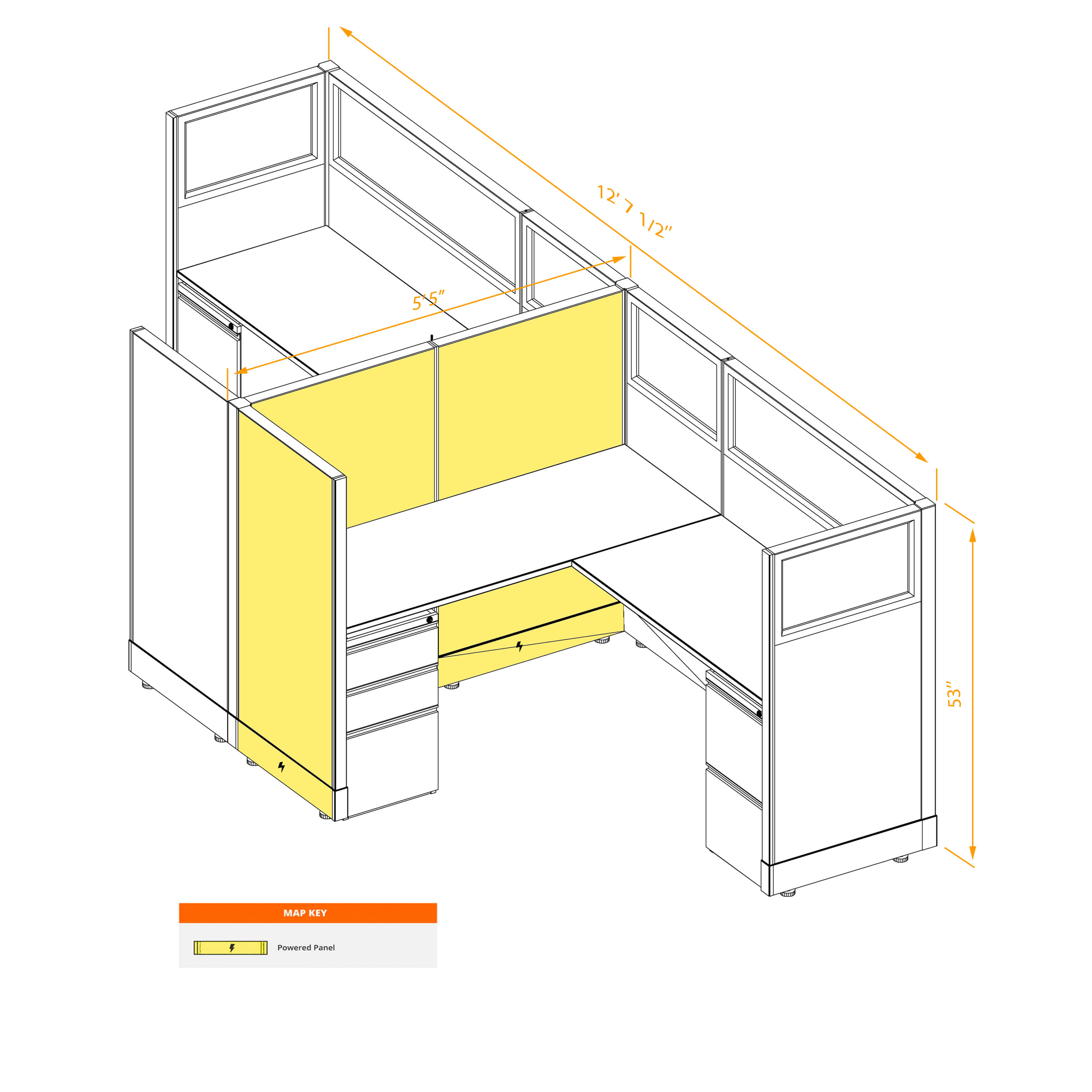 Modular furniture 53h with partial glass panels powered CUB 2C 53 P 56 PGL ESP WH PSO2