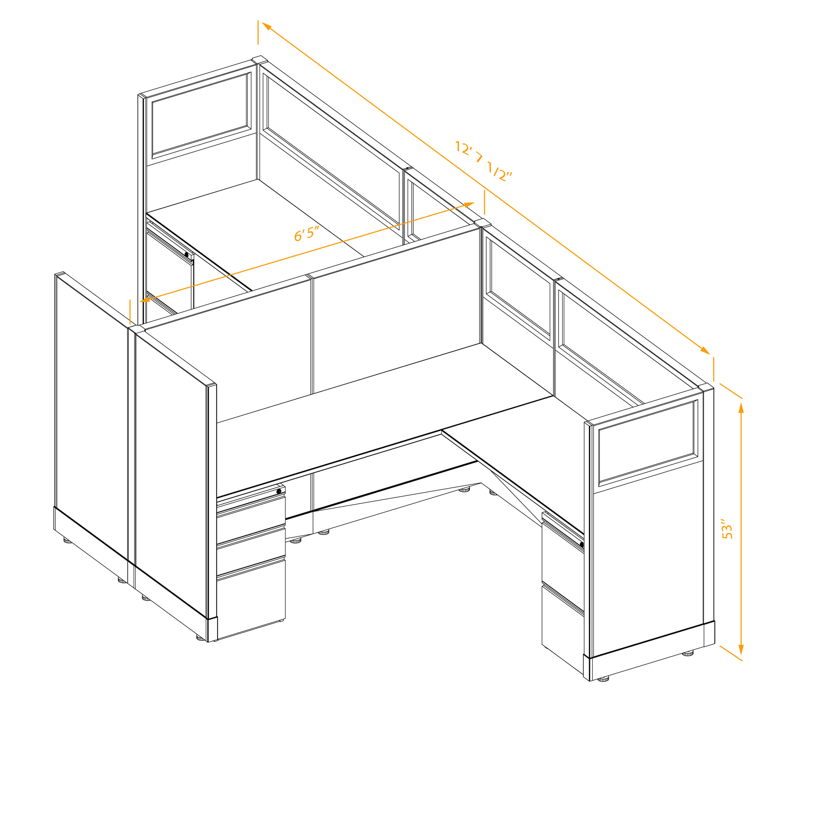 Office workstations 53h with partial glass panels unpowered CUB 2C 53 NP 66 PGL ESP WH PSO2