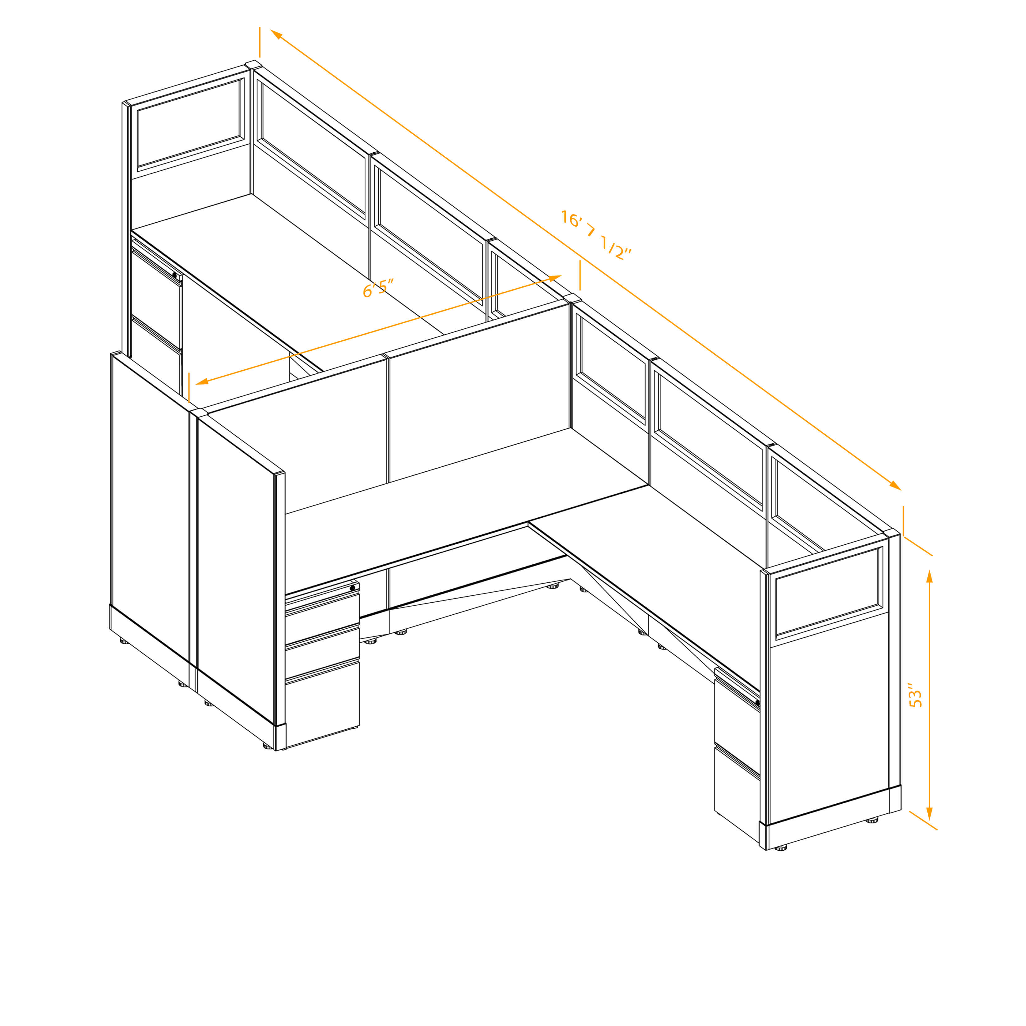 Office workstations 53h with partial glass panels unpowered CUB 2C 53 NP 68 PGL ESP WH PSO2