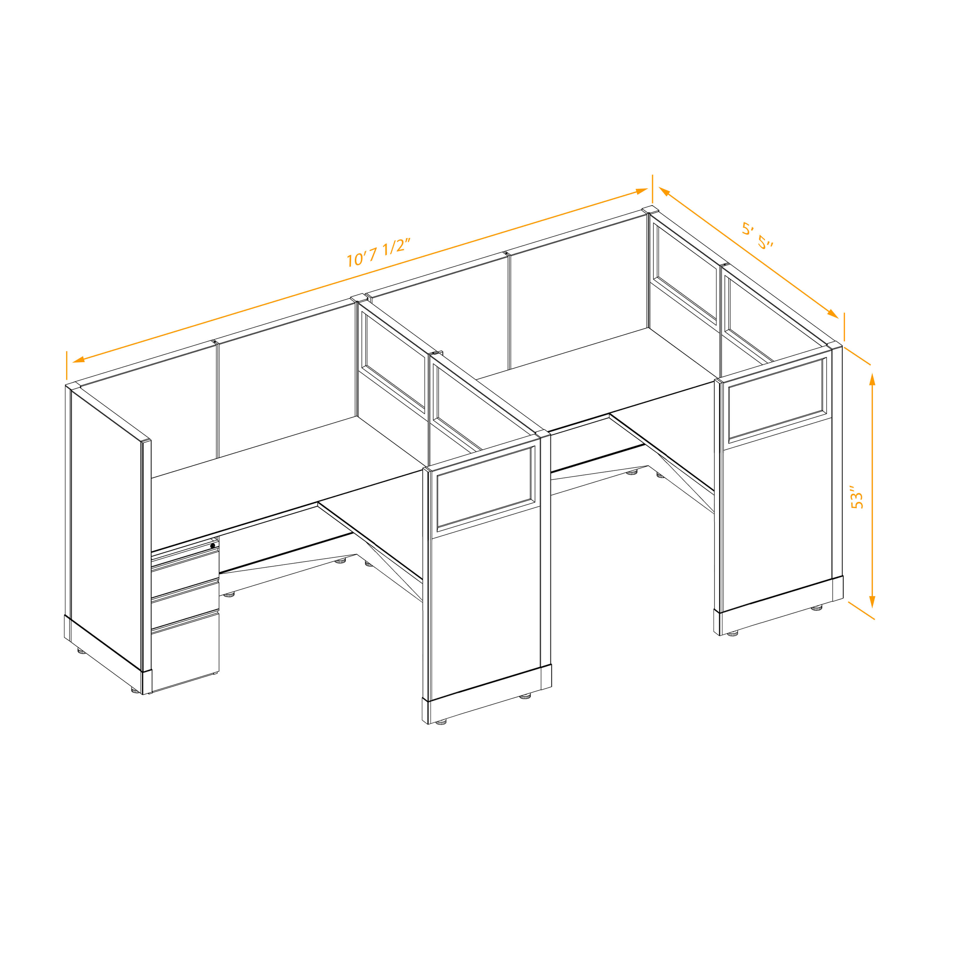 Office workstations 53h with partial glass panels unpowered CUB 2I 53 NP 55 PGL ESP WH PSO2