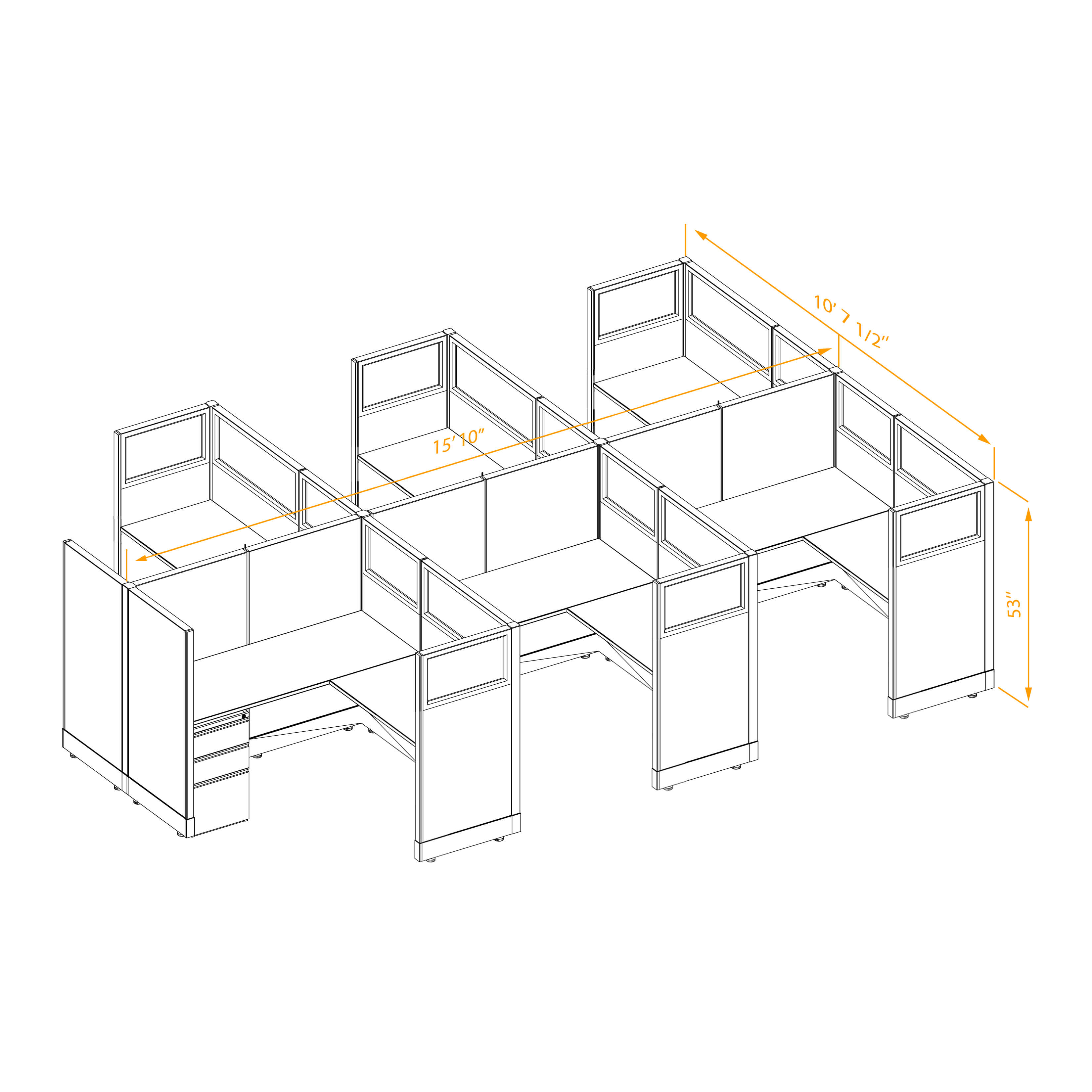 Office workstations 53h with partial glass panels unpowered CUB 6C 53 NP 55 PGL ESP WH PSO2