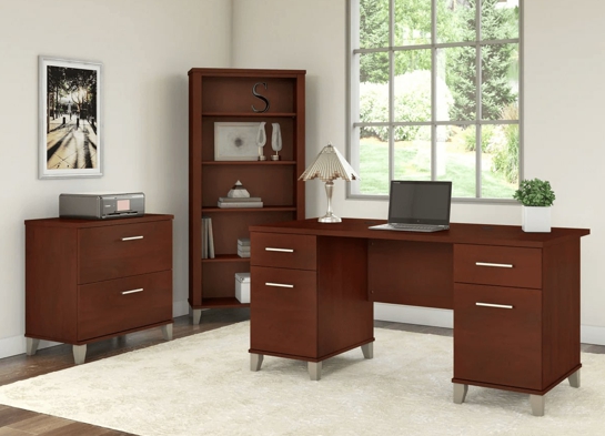 Office desk with 2 file drawers and 5 shelf bookcase space view hansen cherry