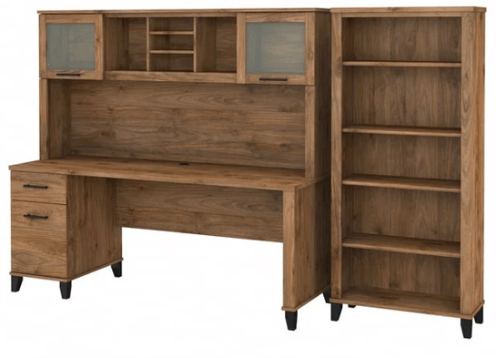 Office desk with hutch and 5 shelf bookcase highlight view fresh walnut 1