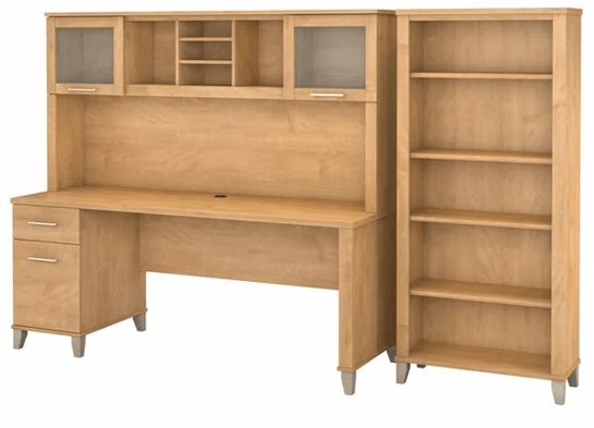 Office desk with hutch and 5 shelf bookcase highlight view maple cross 1