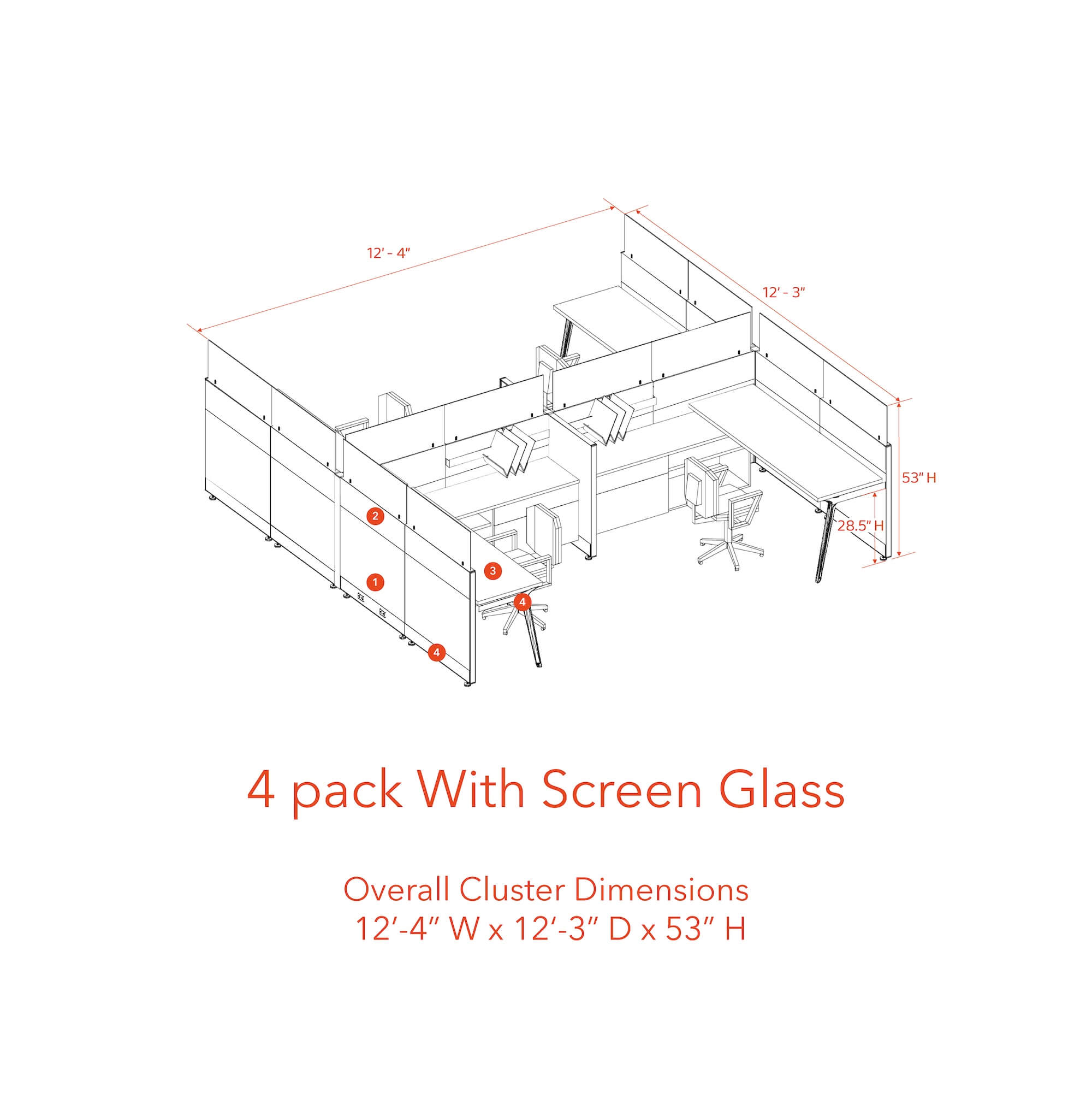 Modern cubicles tapered legs 4 pack with screen glass 53H