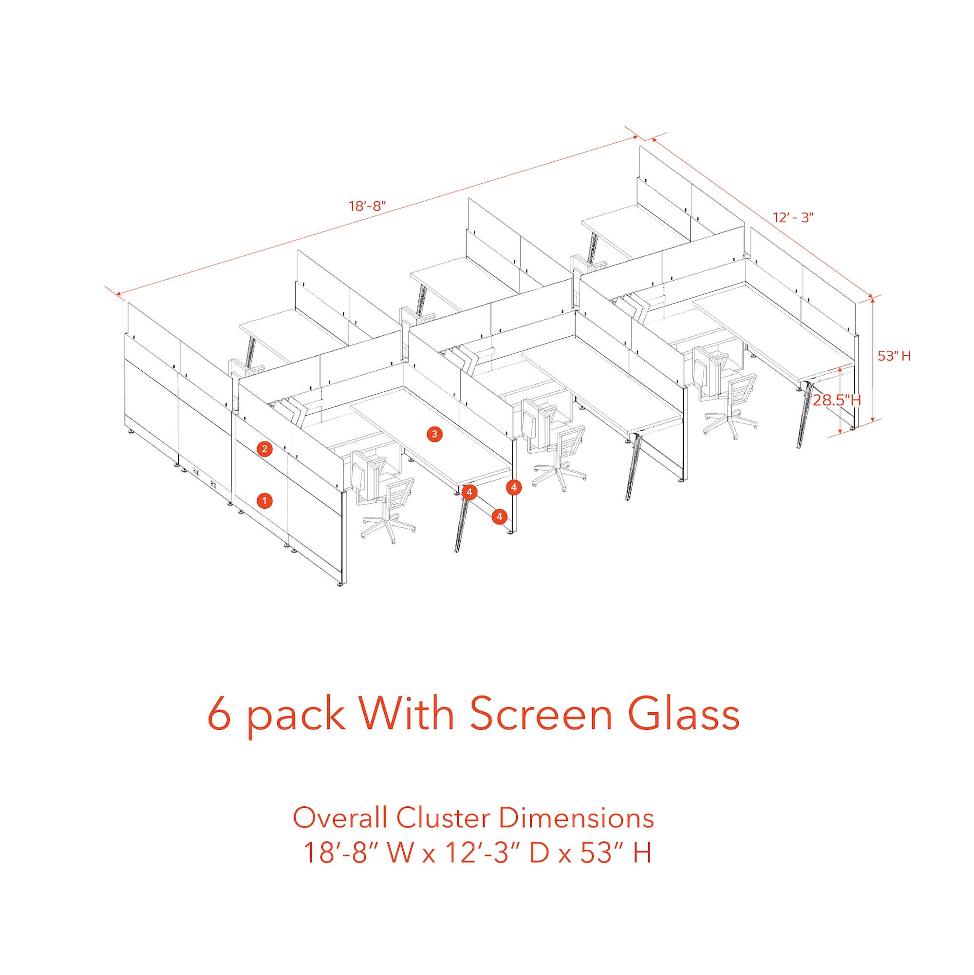 Modern cubicles tapered legs 6 pack with screen glass 53H