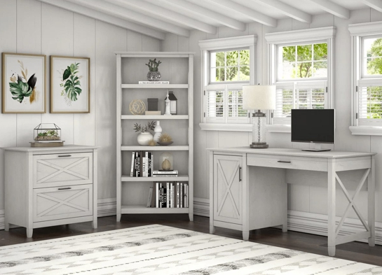 West style desk with drawer file cabinet and 5 shelf bookcase space view linen white oak