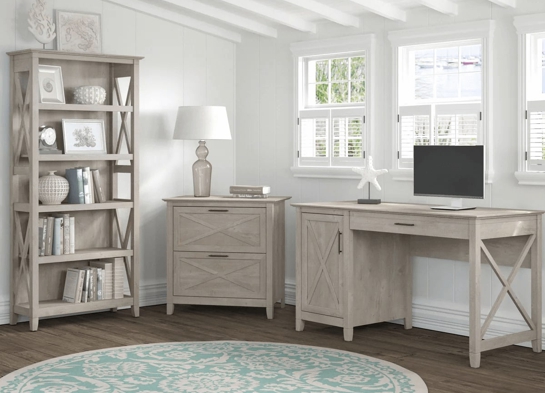 West style desk with drawer file cabinet and 5 shelf bookcase space view washed gray