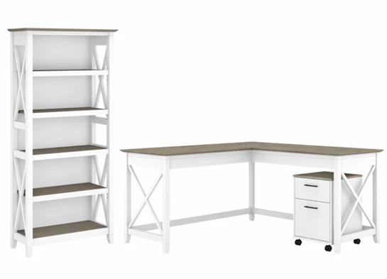 Western l shaped desk with 5 shelf wooden bookcase highlight shiplap gray pure white 1