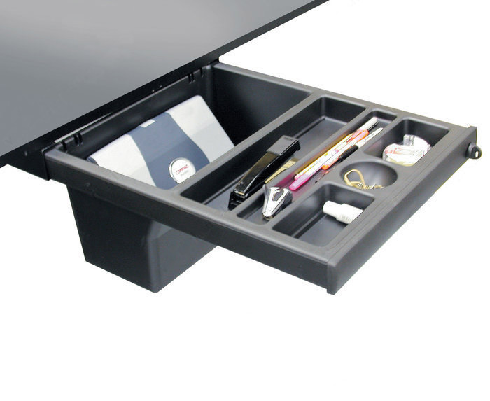 Large L Desks 6x8 and 8x8 - This lockable pelican drawer features large capacity storage bin, which is recessed for knee clearance.